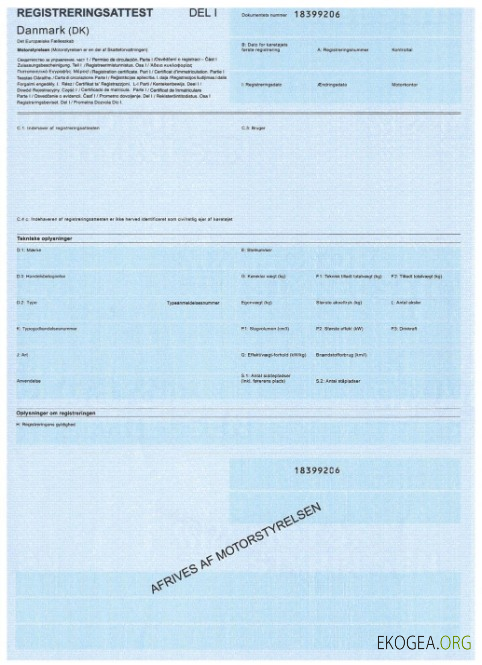 Certificat d'immatriculation du véhicule au Danemark